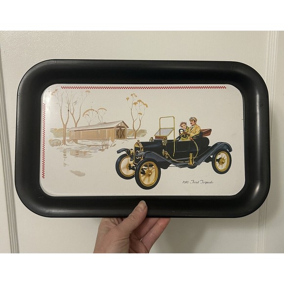 Vintage Metal Collector Tin Serving Tray Ford 1910 Ford Torpedo Car 14" x 9" - Picture 1 of 9